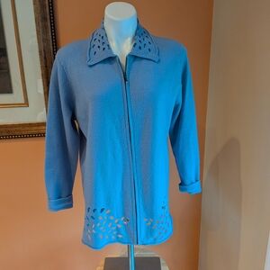 Cache Light Blue Zip-Front Cardigan with Cutout Details 10% Wool Size M